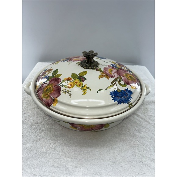 Mackenzie Childs Flower Market White Covered Pot Pan HTF Casserole Dutch Oven